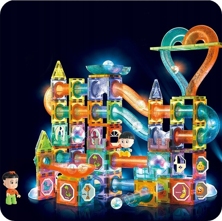 Set de constructie Klocki Magnetyczne 202 elemente, cu elemente luminoase, culori variate