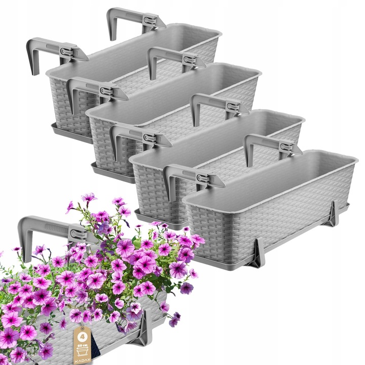 Комплект 4 саксии за балкон Kadax 60x17x15см, светлосив, със стойки и вратички