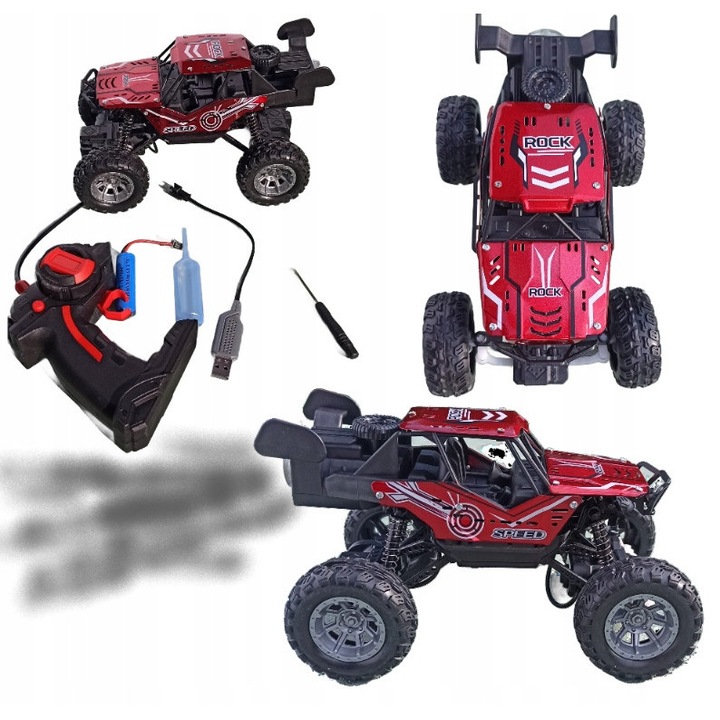 Távirányítós Monster Truck autó, fém, füsteffektusokkal, 20x13x13cm, pilóta és kiegészítők szettel