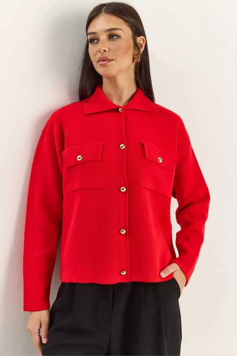 Cardigan dama, Bianco Lucci, guler polo, rosu, tricot, One Size INTL