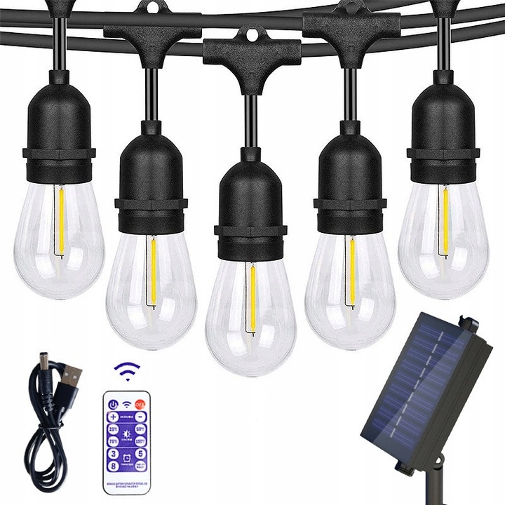 Ghirlanda solara LED / sir de lumini, Pan i Pani Gadzet, S14 E27, 10 LED, lungime 5.25 m, distanta 50 cm intre becuri, panou solar 5,5V 3W, telecomanda inclusa, alb cald, 1 set