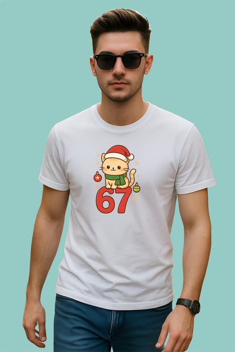 Tricou Barbat SIX SEVEN 67 Pisicuta Craciun, Alb