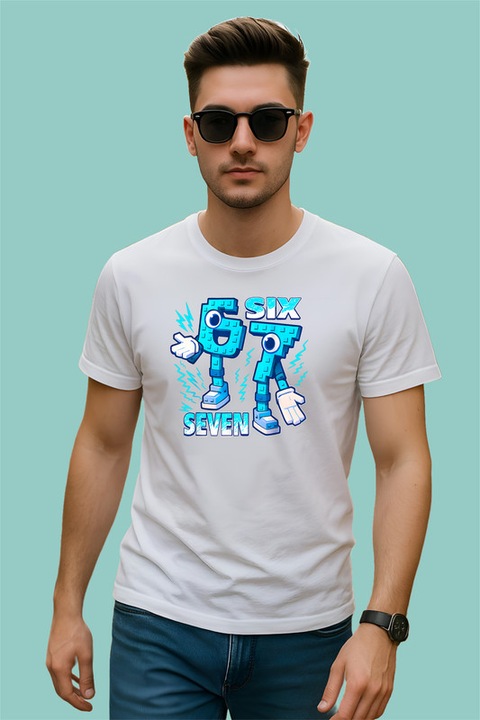 Tricou Barbat SIX SEVEN 67 Roboti Gemeni Albastri, Alb