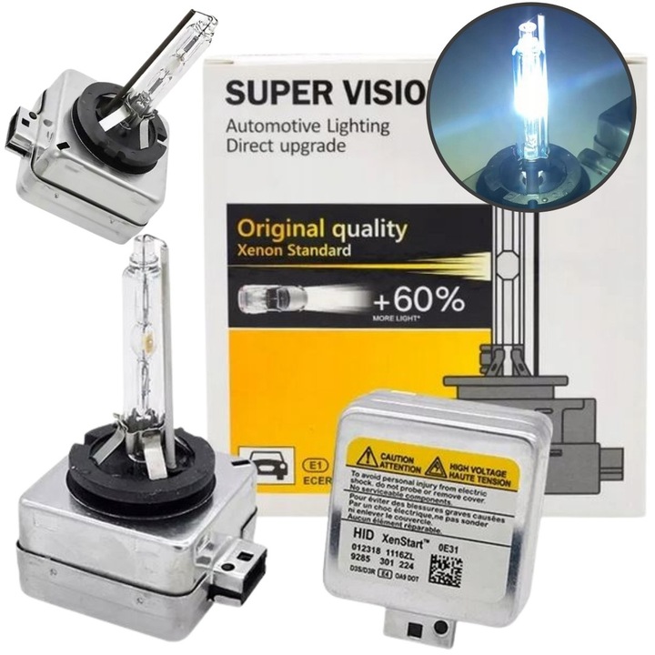 Set 2 becuri D1S 4300K Xenon HID 12V, luminozitate crescuta 60%, alb extrem