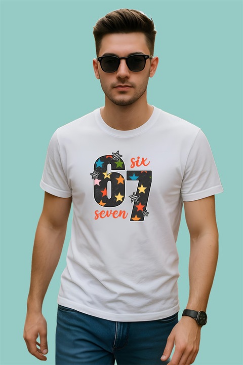 Tricou SIX SEVEN 67 Stele Colorate Fun, Barbat, 100% Bumbac, Cri-Flo, Culoare Alb, Marime L