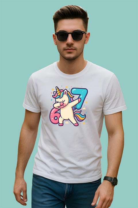 Tricou Barbat SIX SEVEN 67 Unicorn Colorat Vesel, Alb