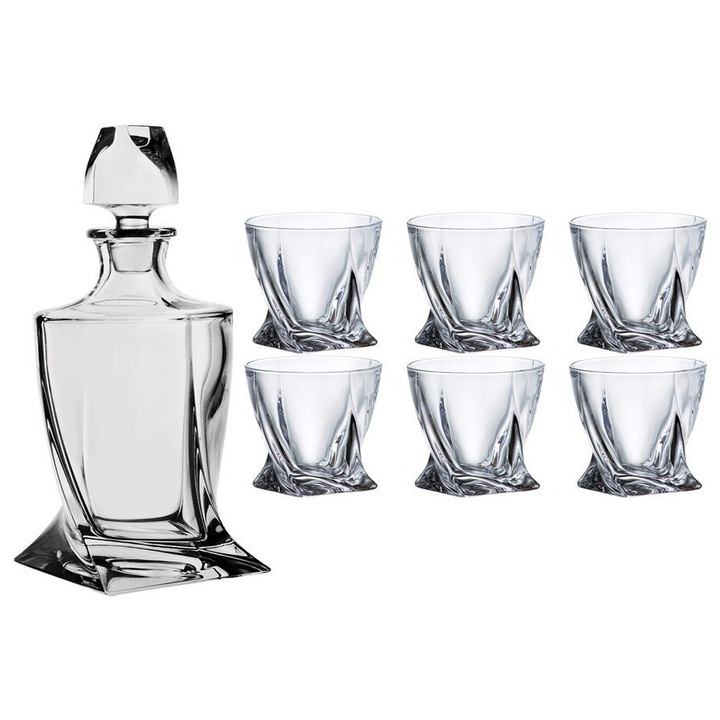 Set carafa si 6 pahare pentru whisky, din cristal Bohemia, 340ml, 770ml, 10x10cm, 28cm