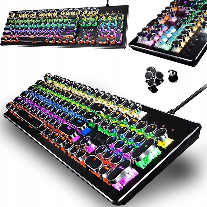 Tastatura gaming mecanica T-Wolf T75, iluminare RGB, 9 moduri, cablu 1,5m, 450x140x40mm, neagra