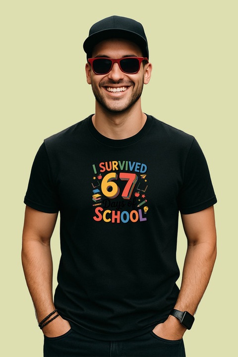 Tricou Barbat SIX SEVEN 67 Am Supravietuit Scolii Vesel 2, Negru