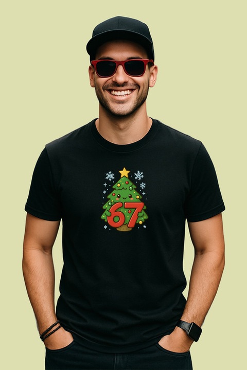 Tricou Barbat SIX SEVEN 67 Brad Craciun Decorat, Negru