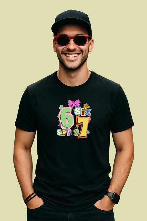 Tricou Barbat SIX SEVEN 67 Fundita Festiva Colorata, Negru