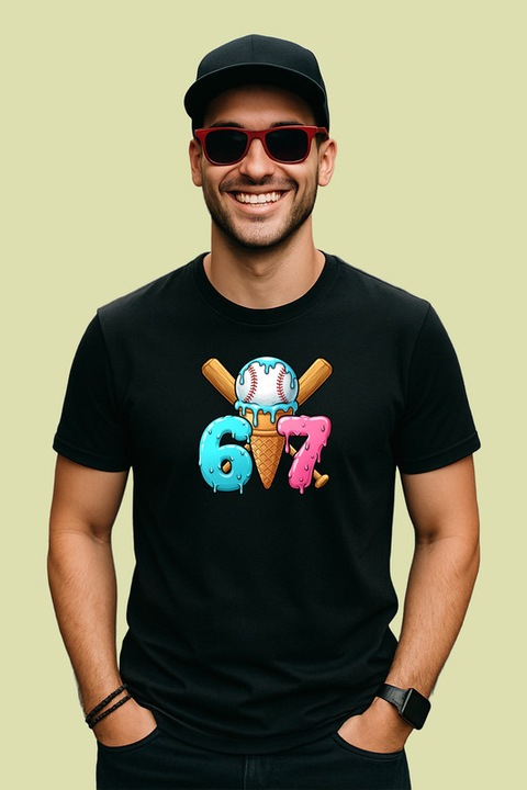 Tricou Barbat SIX SEVEN 67 Inghetata Baseball Colorata, Negru