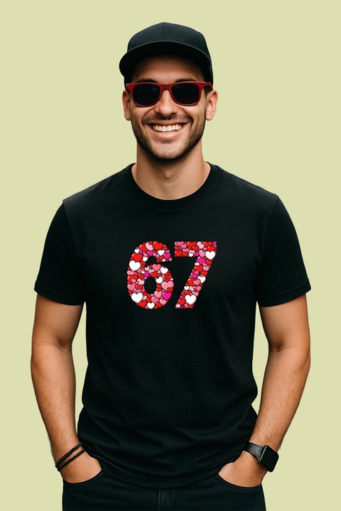 Tricou Barbat SIX SEVEN 67 Inimi Rosii Decorative, Negru