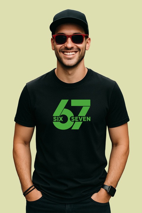 Tricou Barbat SIX SEVEN 67 Logo Verde Minimal, Negru