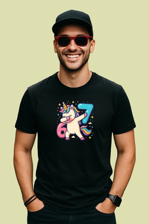Tricou Barbat SIX SEVEN 67 Unicorn Colorat Vesel, Negru