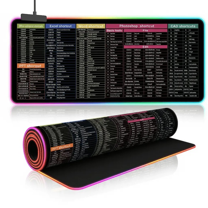 MousePad Gaming Profesional TNS®, Cauciucat, 4 Moduri Iluminare LED, Conectare USB, 7 Culori, Anti-Derapant, Cusaturi Anti-Rupere, Viteza de Alunecare Marita, Model Master Office, 90x40 cm