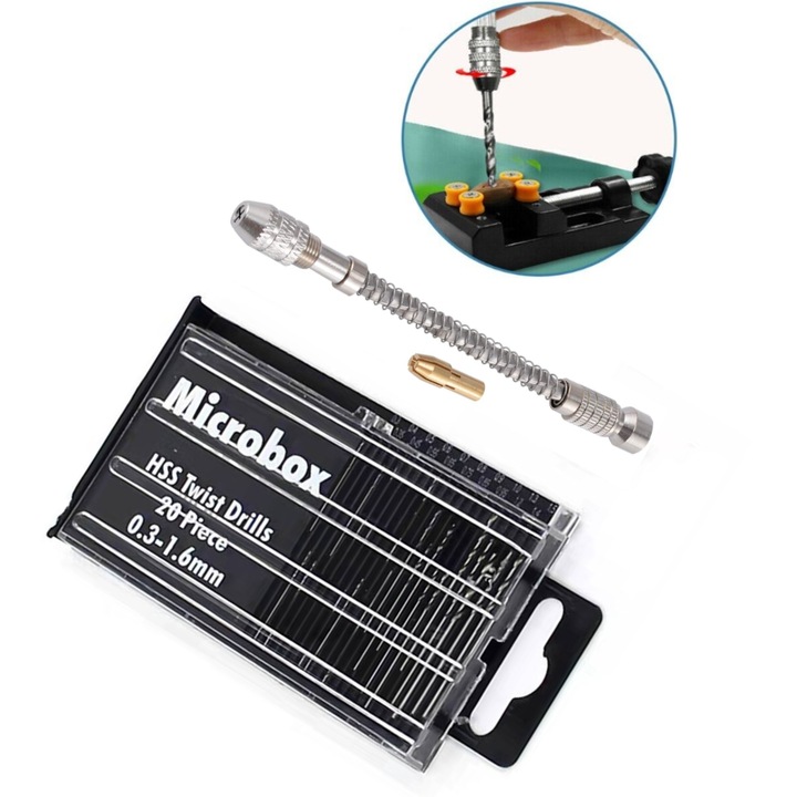 Set 20 burghie (0, 3-1, 6 mm) si instrument manual de gaurit cu mandrina, pentru lucrari fine de artizanat in lemn, plastic, metale si pietre semipretioase moi