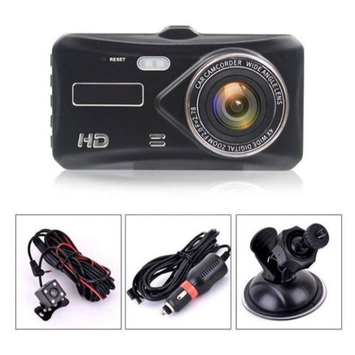 Camera auto DVR, 4", Super HD 1296P, unghi 170, compactă, neagră, set complet cu cameră marsarier și suport parbriz.