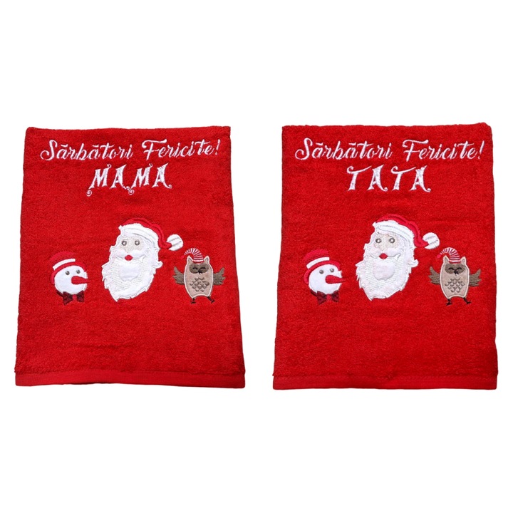 Set 2 prosoape de baie, de Craciun, brodate, bumbac, multicolor, 50x90cm