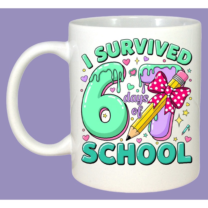 Cana SIX SEVEN 67 Am Supravietuit Scoala Color, Sarbatori, Cadou, 100% Ceramica, Cri-Flo, Culoare Alb, 330 ml