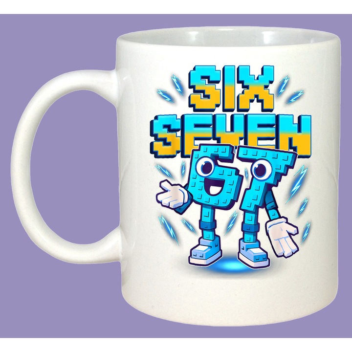 Cana SIX SEVEN 67 Numar Urban Portocaliu, Sarbatori, Cadou, 100% Ceramica, Cri-Flo, Culoare Alb, 330 ml