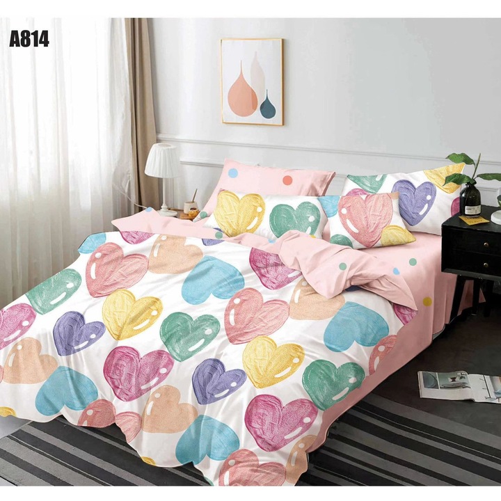 Lenjerii de pat din finet F14, set 6 piese, inimioare colorate, multicolor