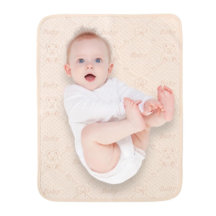 Saltea de schimb impermeabila din bumbac, 80x100cm, bej, reutilizabila, pentru bebelusi si animale de companie