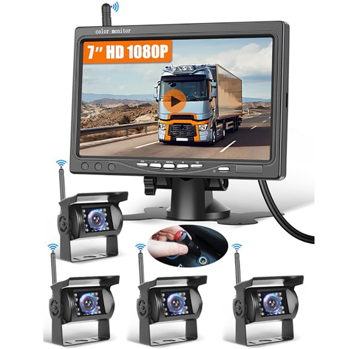 Sistem camera wireless Walalla 4 piese monitor 7 inch vizibilitate nocturna rezistent apa IP69 24V