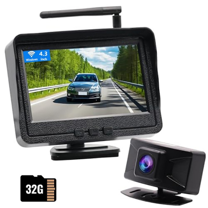 Sistem de camera video pentru marsarier wireless HD 1080P - Kit complet de vedere spate cu vedere nocturna si design impermeabil pentru camioane/rulote/autoutilitare/pickup-uri, inclus card de memorie de 32g, WALALLA