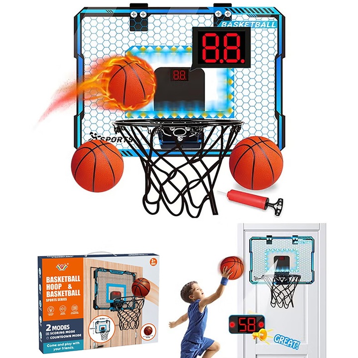 Cos de baschet interior cu LED-uri, Walalla, Cos de baschet de interior cu lumini LED si tabela de scor electronica, setul de mini cosuri de baschet pentru usa include 3 mingi, jucarie sportiva distractiva cadou pentru copii, baieti si fete