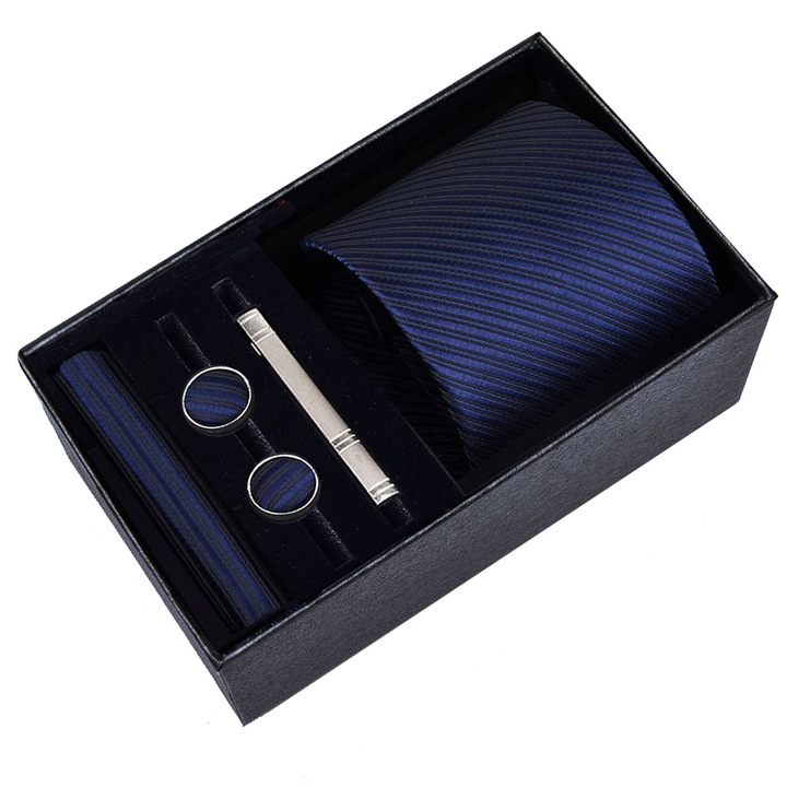 Set cravata pentru barbati, Asskanaer, Albastru Inchis, Confortabila, 145x8cm, set 5 piese