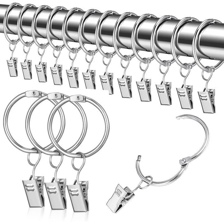 Set 25 inele metalice pentru perdele cu clips, diametru interior 32mm, argintii