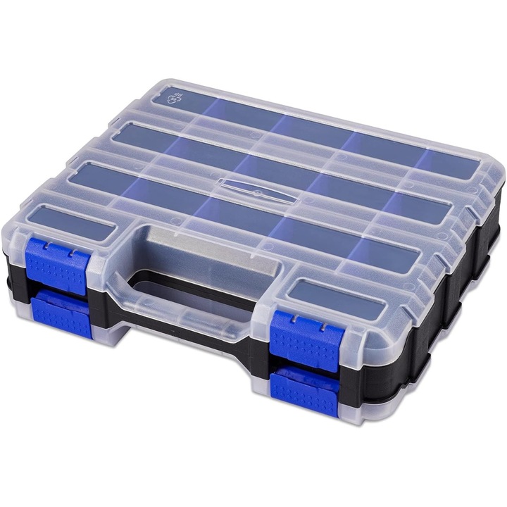 Cutie de scule cu 34 compartimente, organizator pentru piese mici, design dublu fata, cu divizoare removabile, capac transparent, neagra