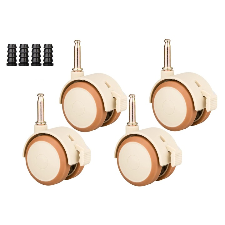 Set de 4 roti pivotante din cauciuc cu frana, 47 mm, pentru mobilier mic, rezistente, silentioase