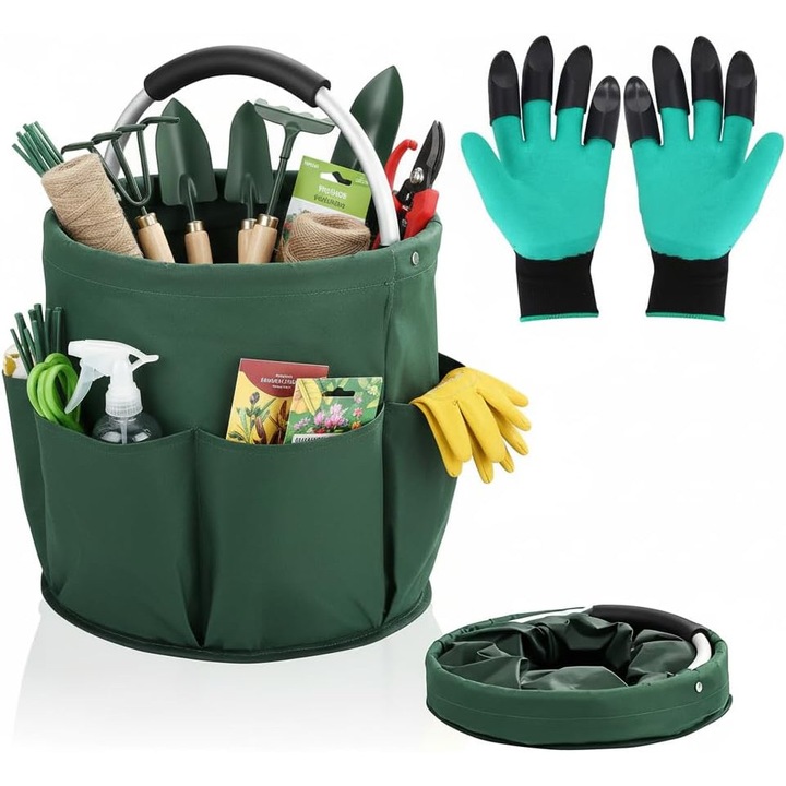 Сгъваема градинска чанта 17л, с 6 външни джоба, водоустойчива, комплект с градински ръкавици, 28x28x27см