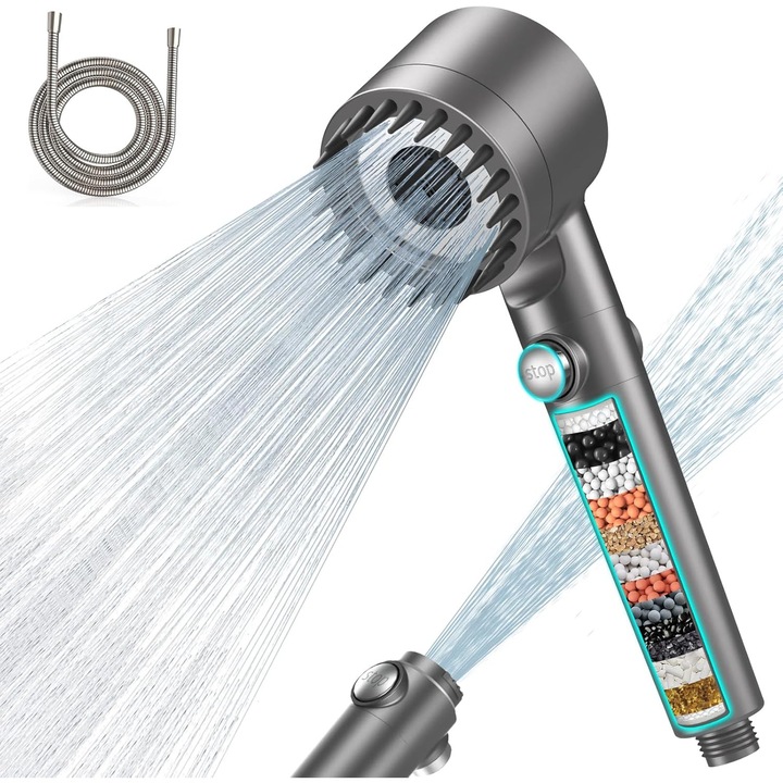 Coloana de dus cu filtru de 15 straturi, cap de dus cu presiune mare, 3+1 tipuri de spray, pentru eliminarea apei dure, gri
