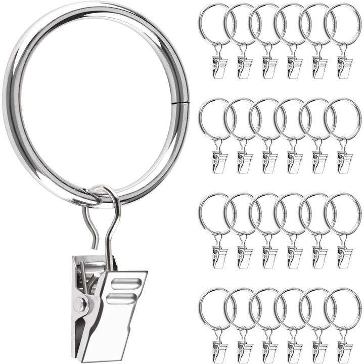 Комплект от 25 метални халки за пердета с щипки, вътрешен диаметър 32 мм, сребристи