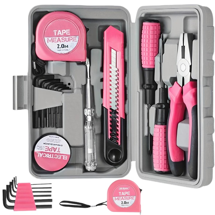 Trusa de scule, Juksun, roz, 12 piese, 20x14x4.5cm