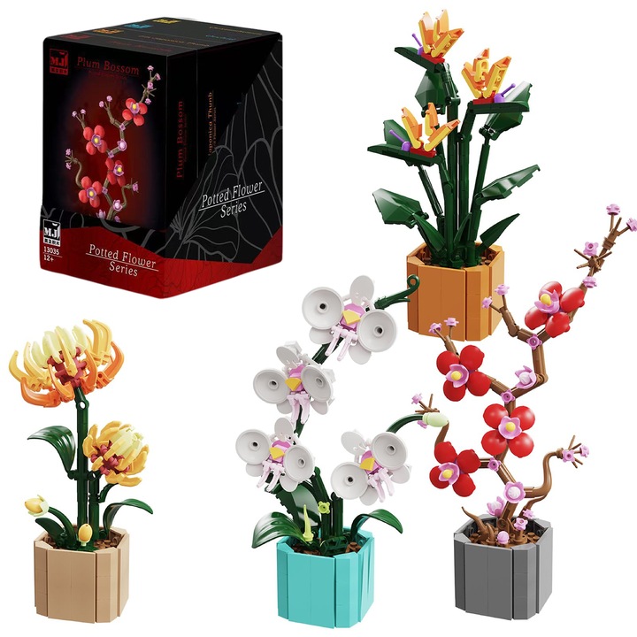 Set de 4 blocuri de constructie cu buchet de flori, jucarii cu flori artificiale, colectie botanica, DIY, unic, pentru acasa si birou, bonsai, decoratiuni pentru adulti si adolescente, pentru ziua de nastere, WALALLA, 1382 buc