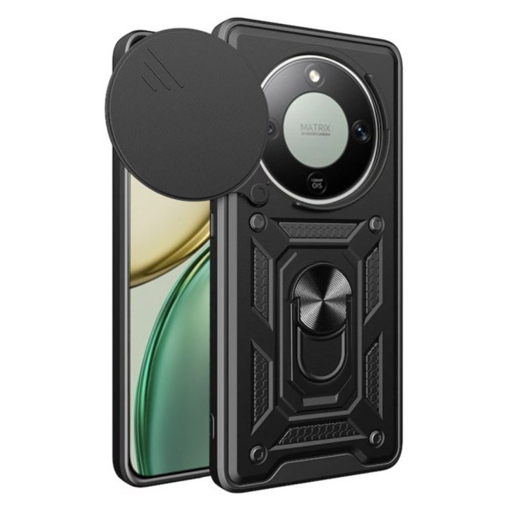 Husa Spate Upzz® Camshield Compatibila Cu Honor Magic8 Lite, Protectie La Camere, Inel Metalic, Stand - Black