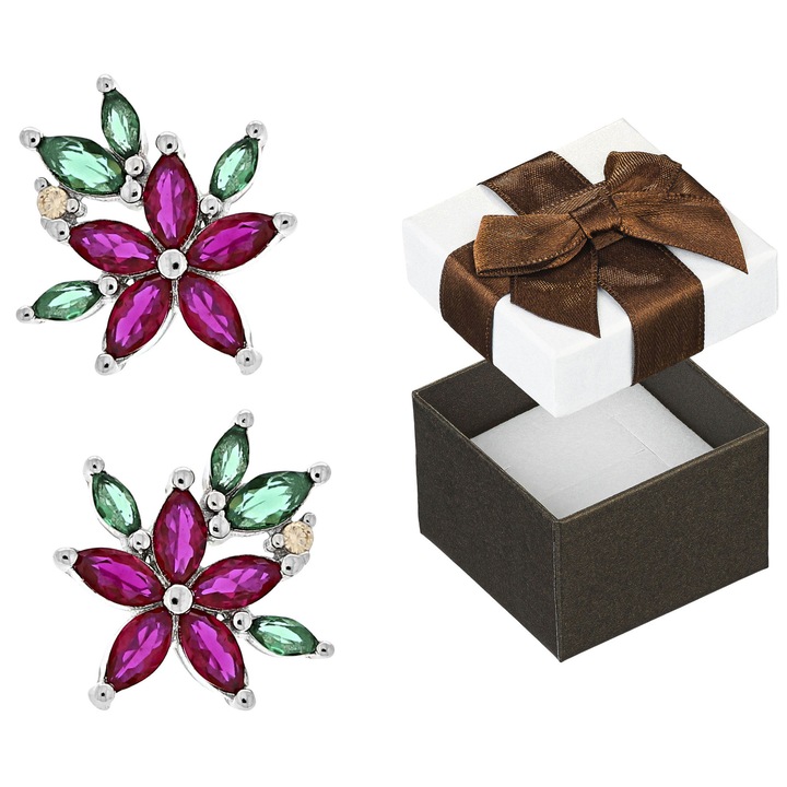 Cercei argintii cu flori si zirconii colorate, Siju, 13x12mm, set cu cutie cadou