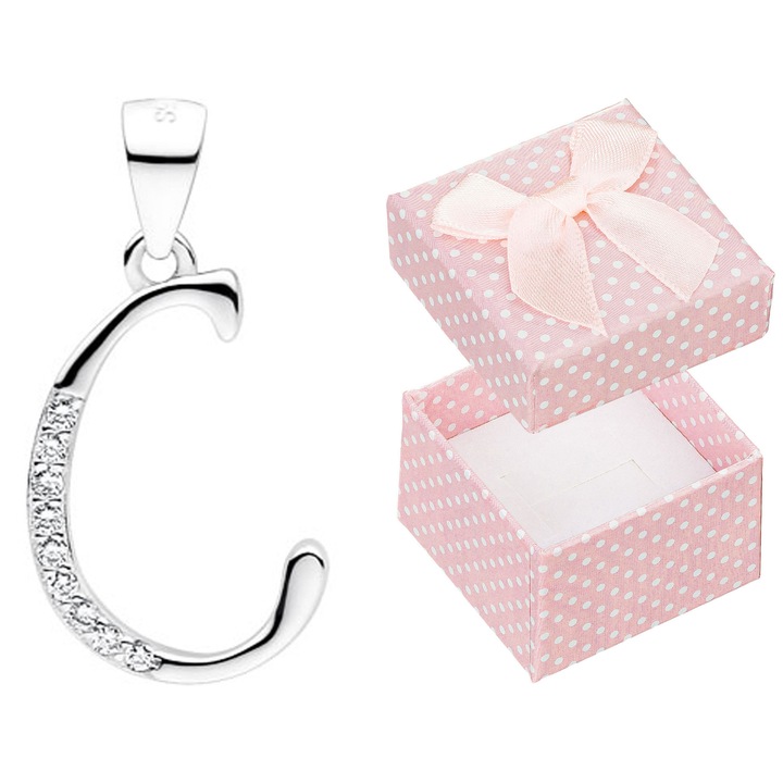 Pandantiv litera C din argint 925, set cu cutie de cadou, roz