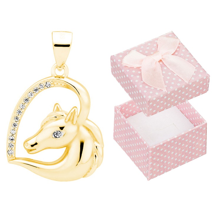 Pandantiv cu inima si cal, Siju, argint 925 placat cu aur, cirocna, 24x16mm, set cu cutie de bijuterii