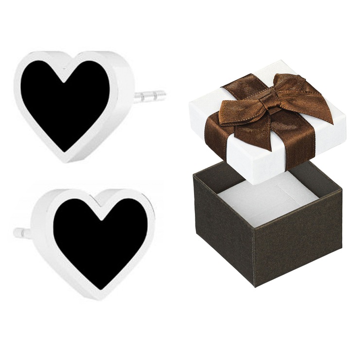 Cercei dama set Siju, argint 925, forma inimioare, negru, 7x8mm