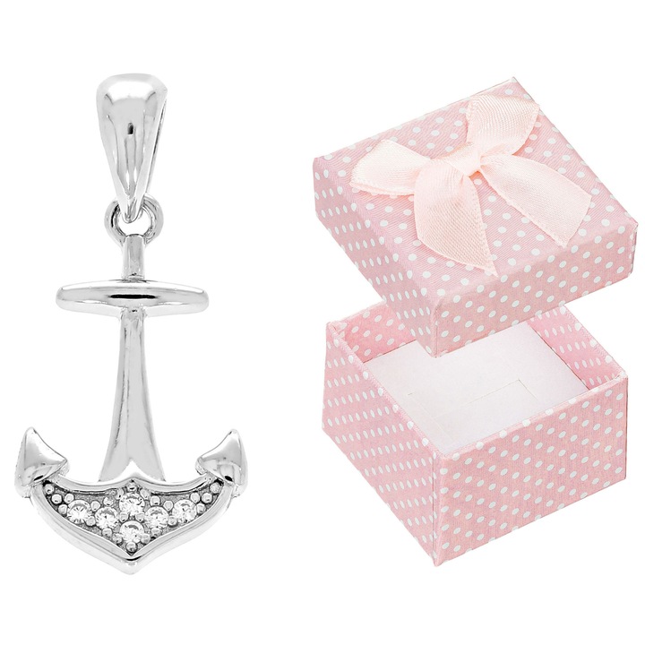 Pandantiv argintiu in forma de ancora cu zirconii, Siju, 23x10mm, set cu cutie de bijuterii