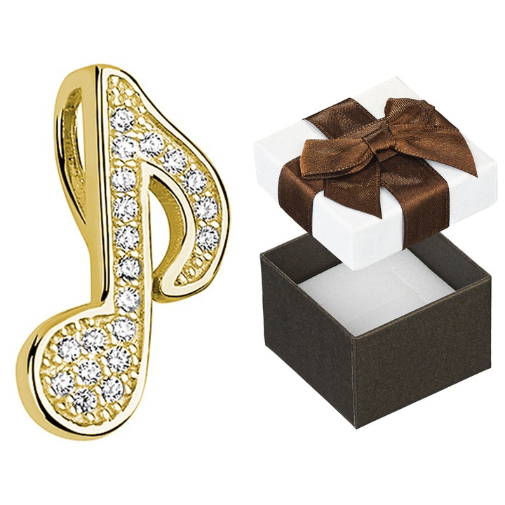 Pandantiv argintiu placat cu aur, forma de nota muzicala, 17x8mm, set cu cutie de cadou