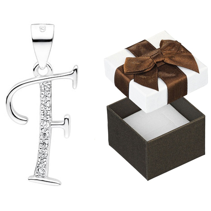 Pandantiv litera F din argint, set cu cutie de cadou, 23x11mm