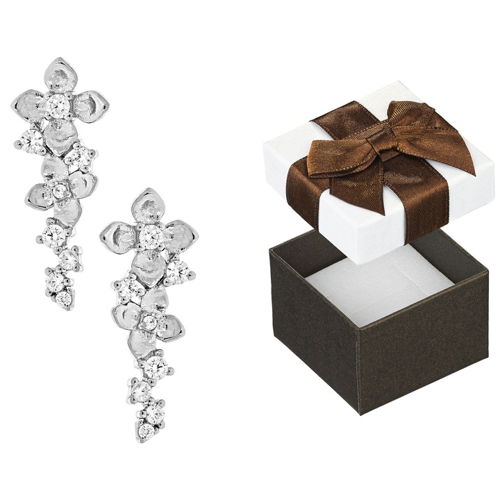 Cercei din argint Siju, model flori, cu zirconii, 18x7mm, set cu cutie cadou