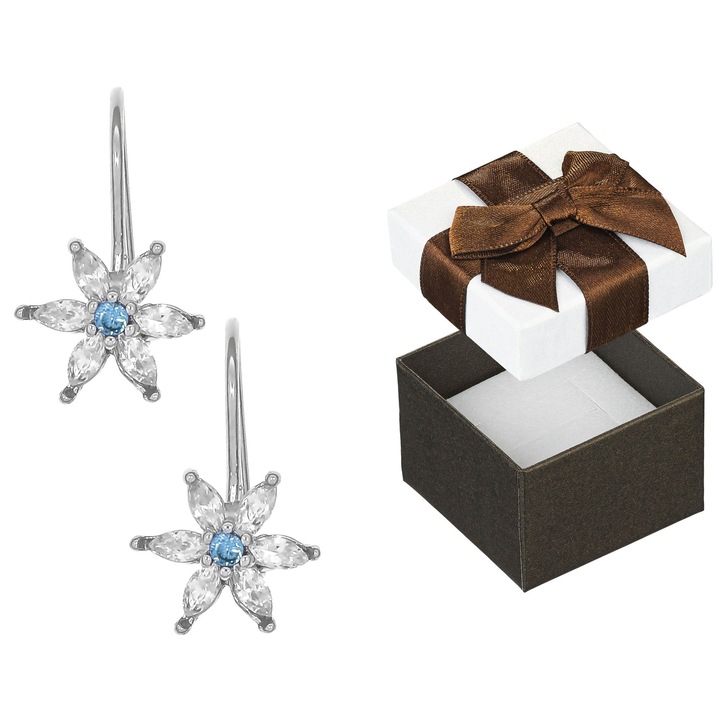 Cercei din argint cu flori si zirconii, Siju, 15x9mm, set cu cutie de cadou