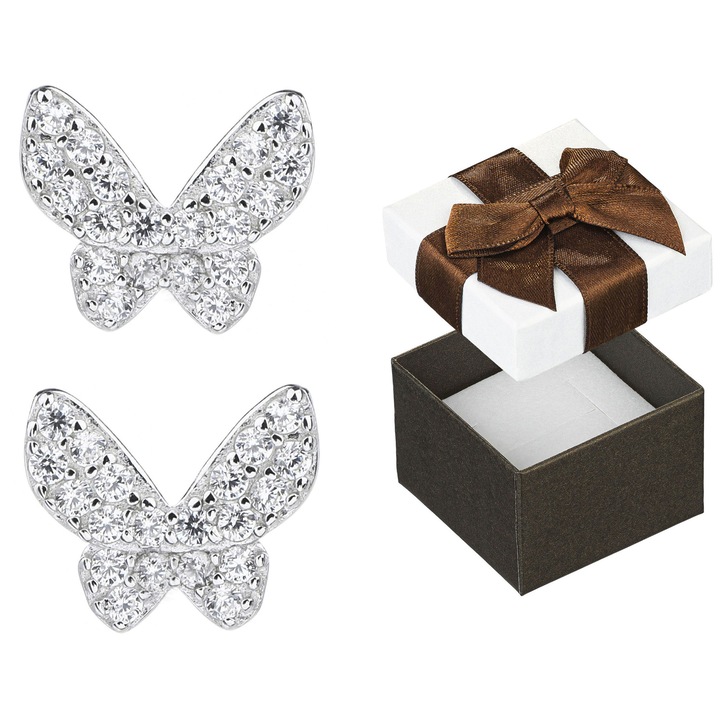Cercei, Siju, argint 925 cu zirconii, forma fluturi, 7x9mm, set cu cutie cadou